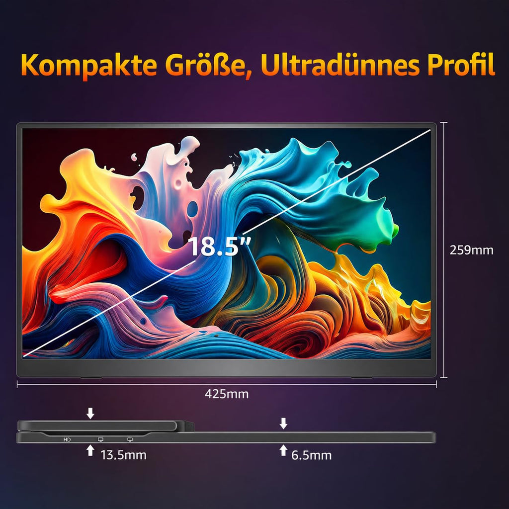 18,5 Zoll Tragbarer Monitor 1080P FHD IPS mit 100 Hz, 120 % sRGB, Lautsprechern, HDMI und USB-C für Laptop, MacBook, Surface, PC, Xbox, PS4/5