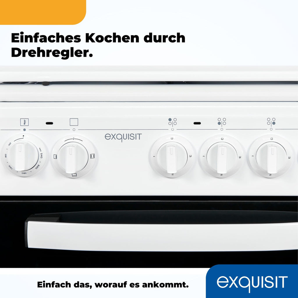 Freistehender Elektroherd EH9-3-090weiss, 50 cm breit, 48 l Backofen mit 4 Kochplatten und Energieklasse A, inkl. Grillrost und Backblech