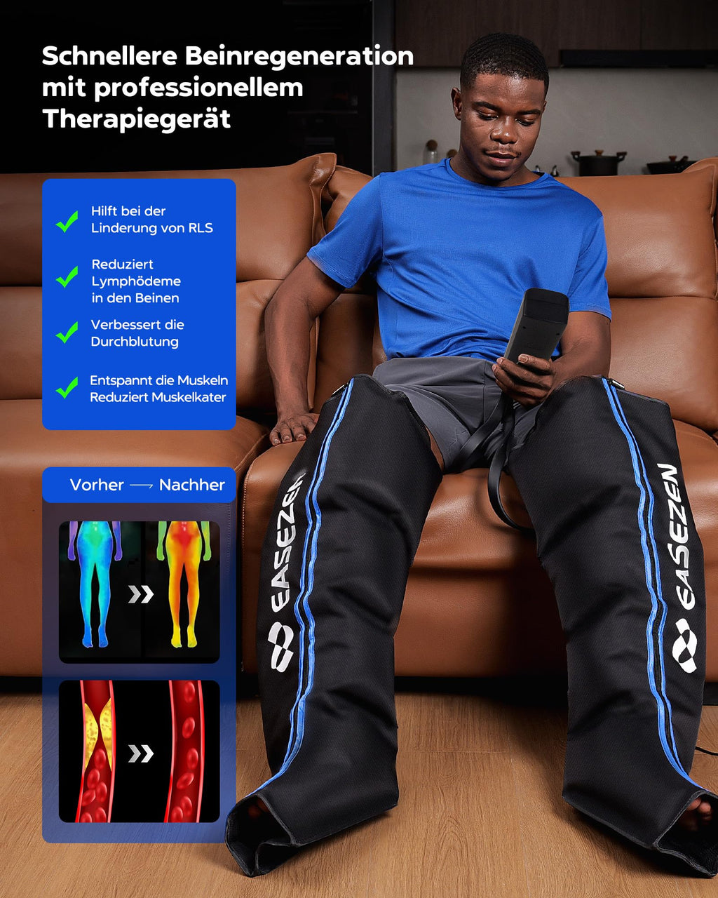 Luftkompressions-Beinmassagegerät Größe M für Fuß Wade Oberschenkel mit 6 Modi und 11 Intensitäten