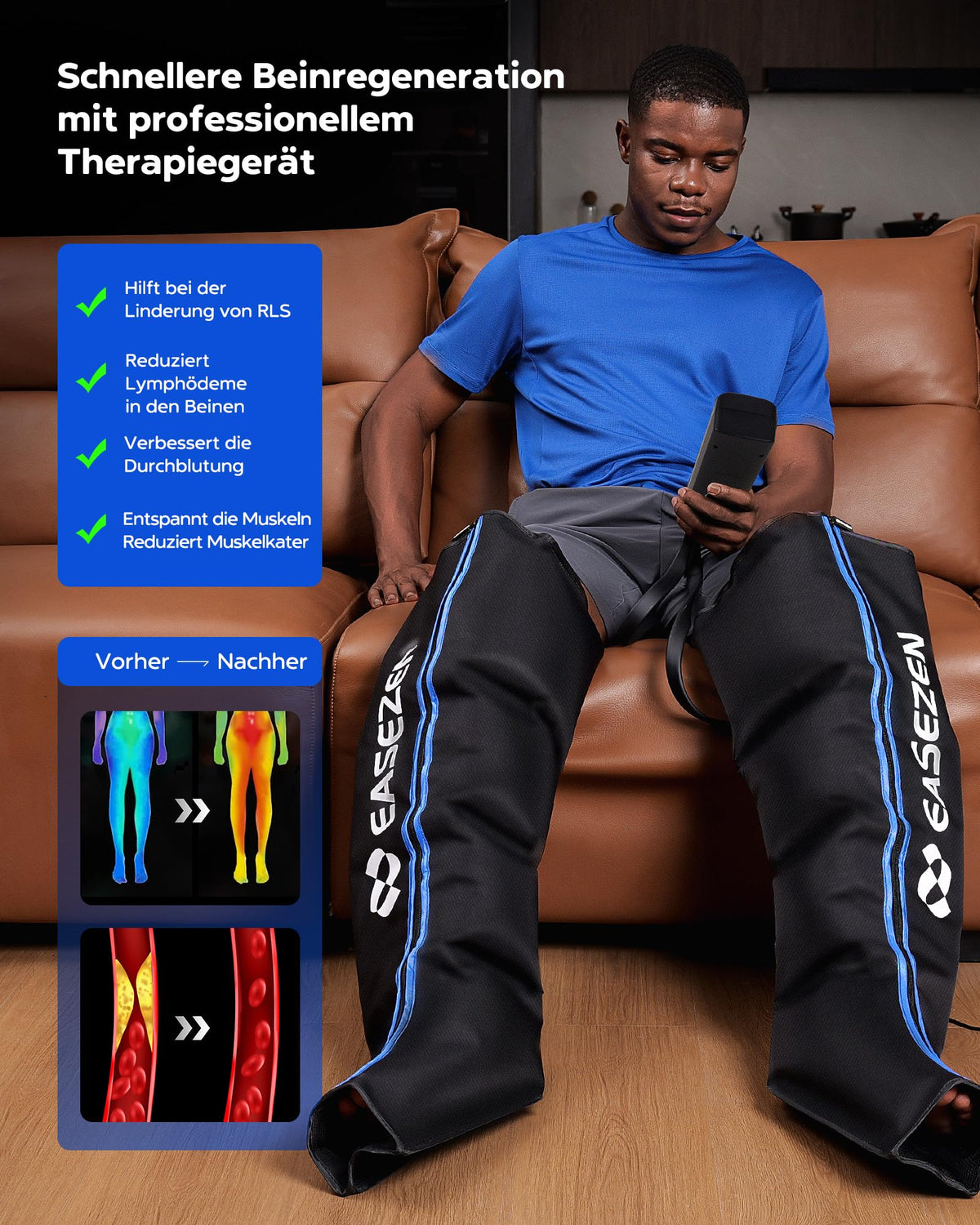 Luftkompressions-Beinmassagegerät Größe M für Fuß Wade Oberschenkel mit 6 Modi und 11 Intensitäten