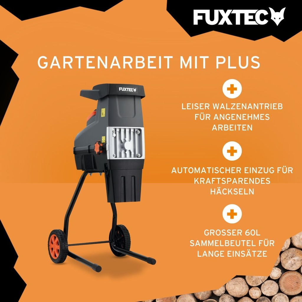 Elektro Gartenhäcksler FX-EGH2800T mit 2800 W und Walzenhäcksler für Äste bis 44 mm, 60 L Fangsack sowie 92 dB(A) Betrieb