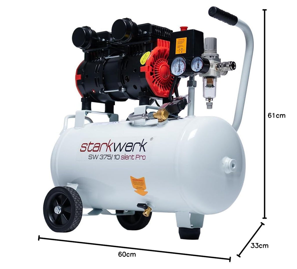 Flüsterkompressor SW 375/10 Pro 24 l 10 bar 1100 W ölfrei 230 V 1,5 PS mit Wasserabscheider Kupferwicklung
