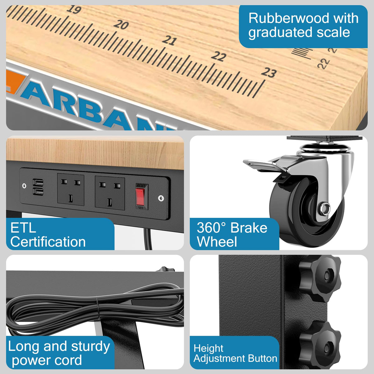 Schwerlast-Werkbank 120 cm aus Gummibaumholz, 5-fach höhenverstellbar von 85 bis 105 cm, mit Steckdosenleiste und USB