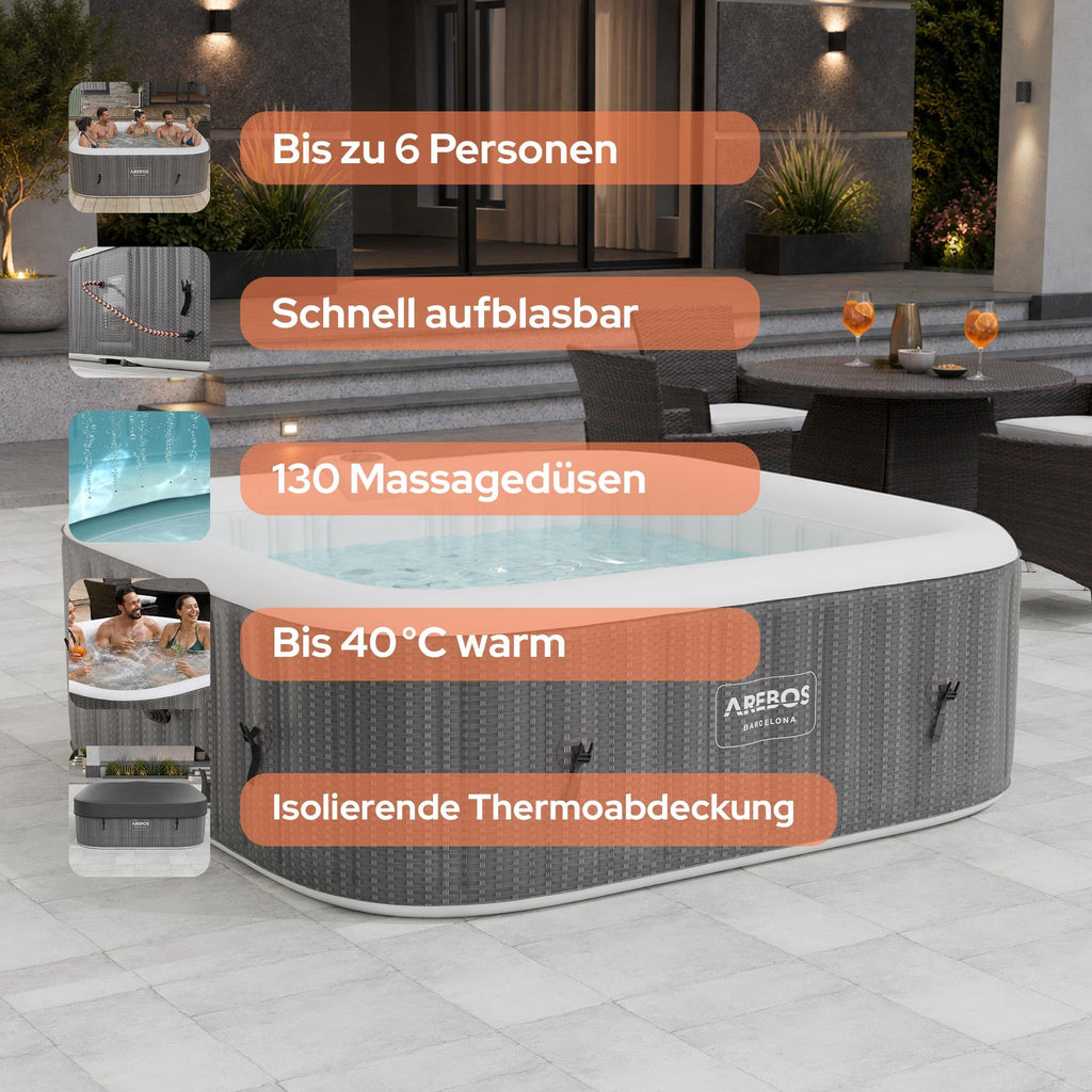 Whirlpool Spa für 6 Personen, 185 x 185 cm, 2400 W mit 130 Luftdüsen und Thermoabdeckung
