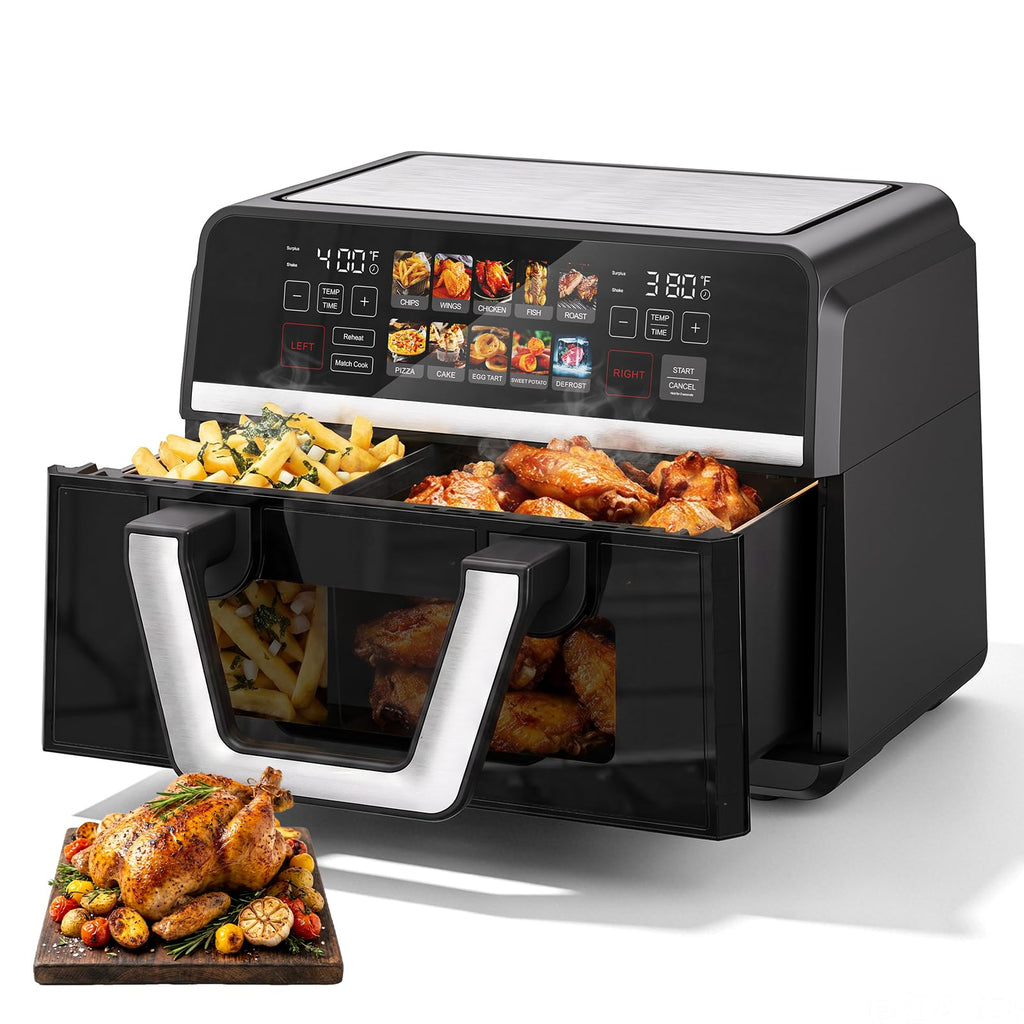 10-in-1 Heißluftfritteuse 10 L mit Dual-Zone, 2500 W, 360° Kochfenster, Farb-Touchscreen, spülmaschinenfeste Teile