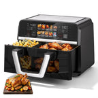 10-in-1 Heißluftfritteuse 10 L mit Dual-Zone, 2500 W, 360° Kochfenster, Farb-Touchscreen, spülmaschinenfeste Teile