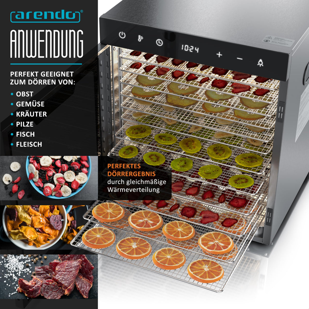 Dörrautomat aus Edelstahl mit 12 Gitterrosten, 800 W, 30-90 °C, 12 Einlegetabletts mit insgesamt 10.000 cm², für Obst, Fleisch und Pilze