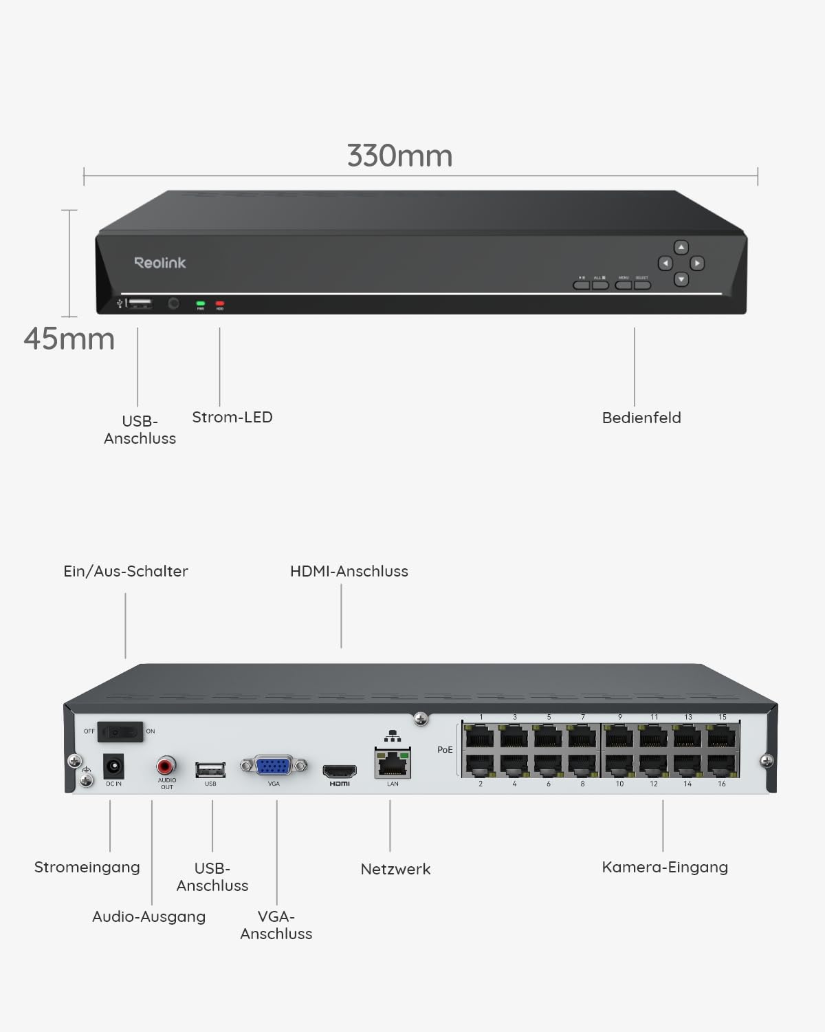 16-Kanal-PoE-NVR Überwachungsrekorder mit 4TB HDD, 16 PoE-Ports und bis zu 16TB Speicher