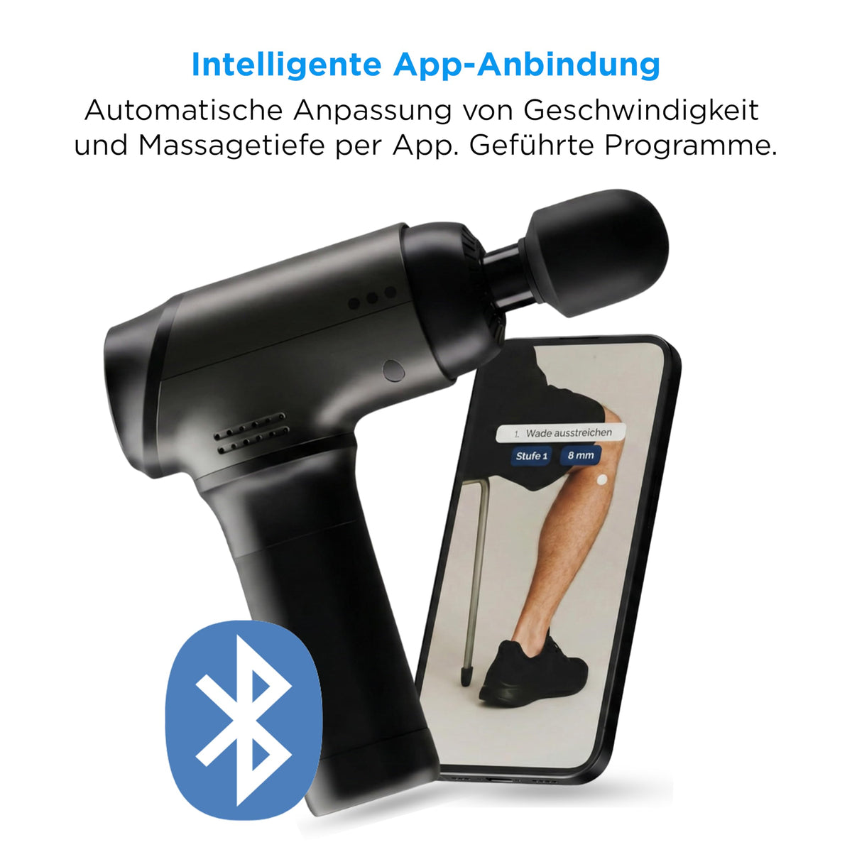 Massagepistole mit variabler Amplitude 8–12 mm und interaktiver App, 8 Aufsätzen und 4000 mAh Akku