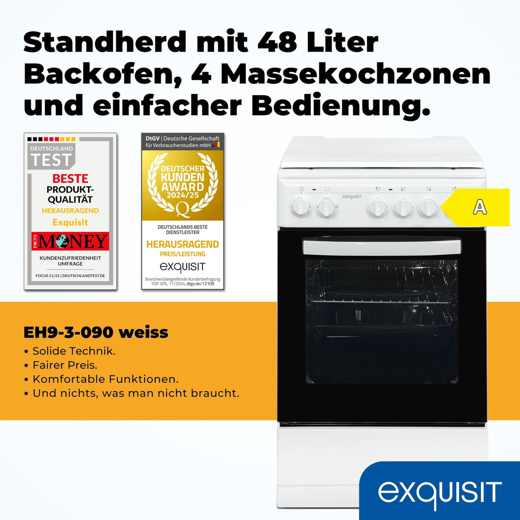 Freistehender Elektroherd EH9-3-090weiss, 50 cm breit, 48 l Backofen mit 4 Kochplatten und Energieklasse A, inkl. Grillrost und Backblech