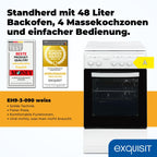 Freistehender Elektroherd EH9-3-090weiss, 50 cm breit, 48 l Backofen mit 4 Kochplatten und Energieklasse A, inkl. Grillrost und Backblech