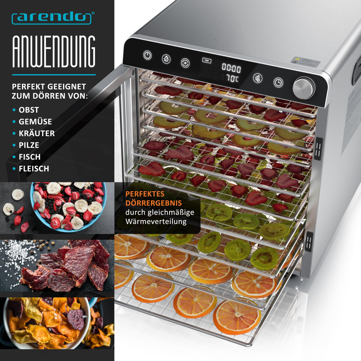 Dörrautomat aus Edelstahl mit 10 Gitterrosten, 8400 cm², 800 Watt, 8 Programme, 30-85°C, Timer, BPA-frei