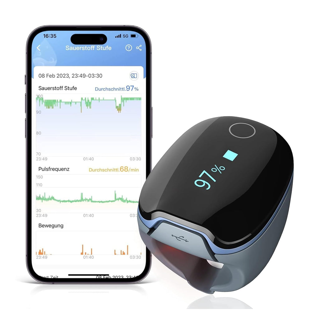 Ring-Pulsoximeter O2Ring mit Alarm und Bluetooth für kontinuierliche SpO2- und Herzfrequenzüberwachung, inkl. App und Berichte