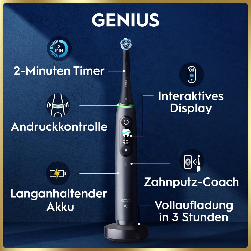 Elektrische Zahnbürste iO Series 9 mit 3 Aufsteckbürsten, 7 Putzmodi, magnetischer Schnellladestation und Reise-Etui, Black Onyx