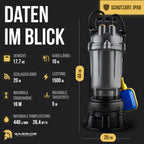 Fäkalienpumpe 1500W mit HydroVortex X7 Schneidwerk und 20 m 2"""" Gewebeschlauch, inkl. Tragetasche