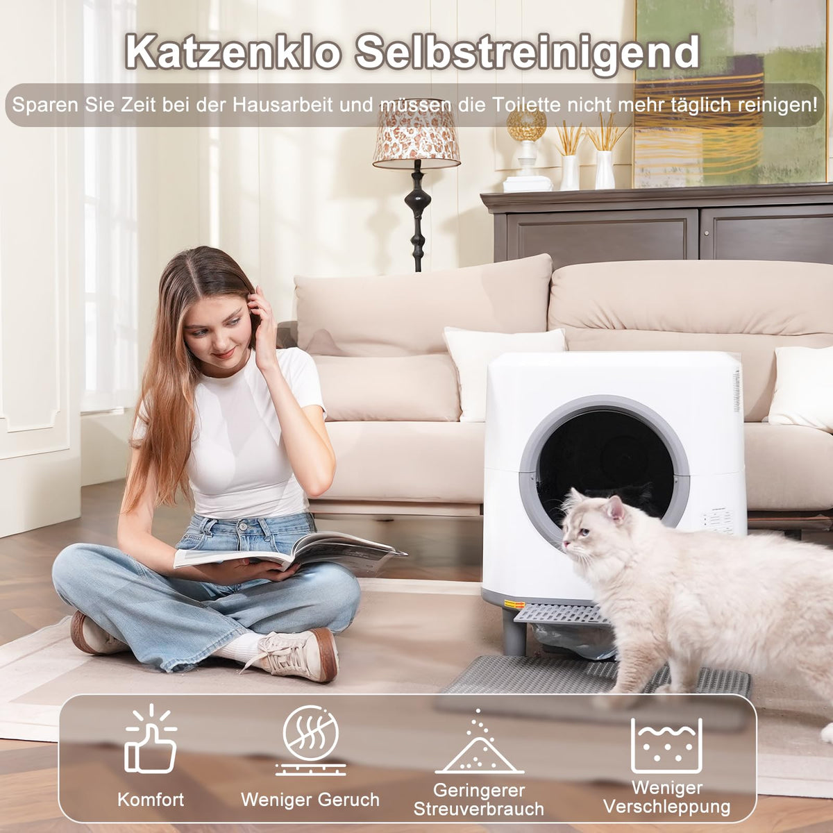 Selbstreinigende Katzentoilette 90 L für mehrere Katzen mit App-Steuerung und Geruchskontrolle