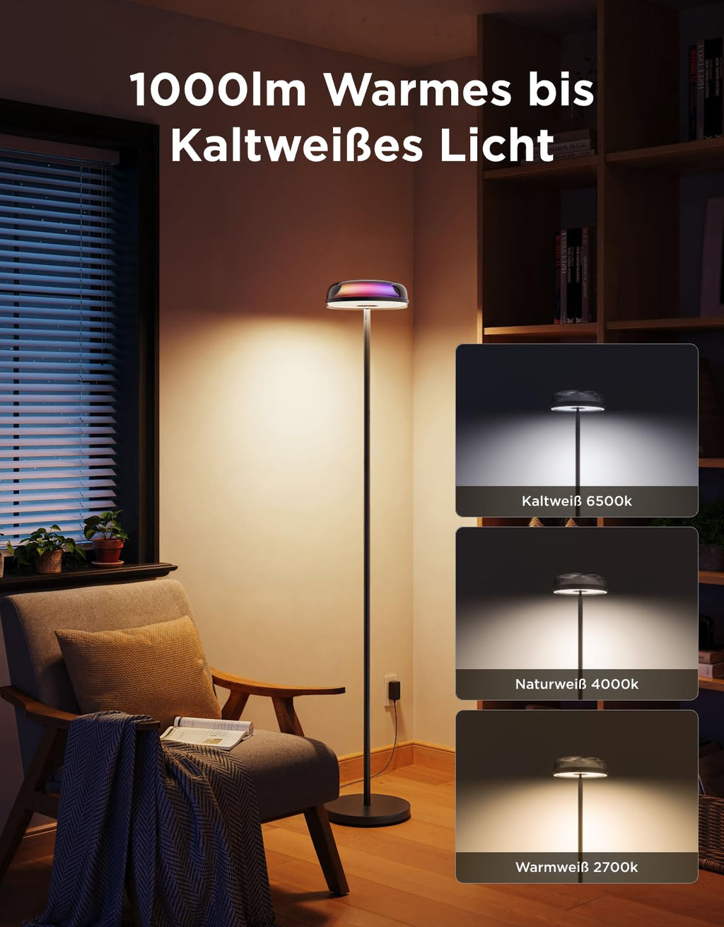 Stehlampe Deckenfluter mit RGBICWW-Wellenbeleuchtung, 330° drehbarer Lampenkopf, 1000 lm, 2700-6500 K, Alexa und Matter