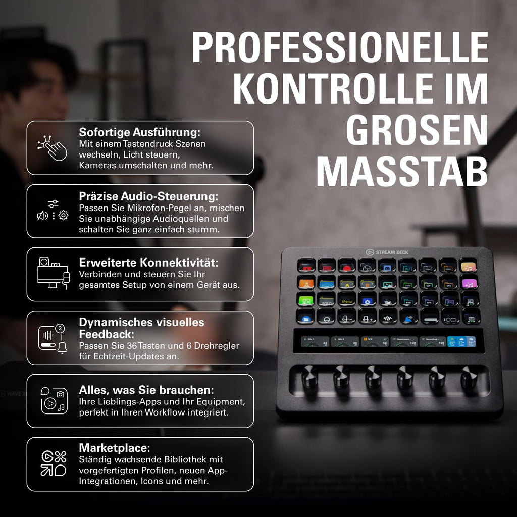 Stream Deck + XL Kontrollplattform mit Touch-Leiste, 36 Makrotasten und 6 multifunktionalen Drehreglern