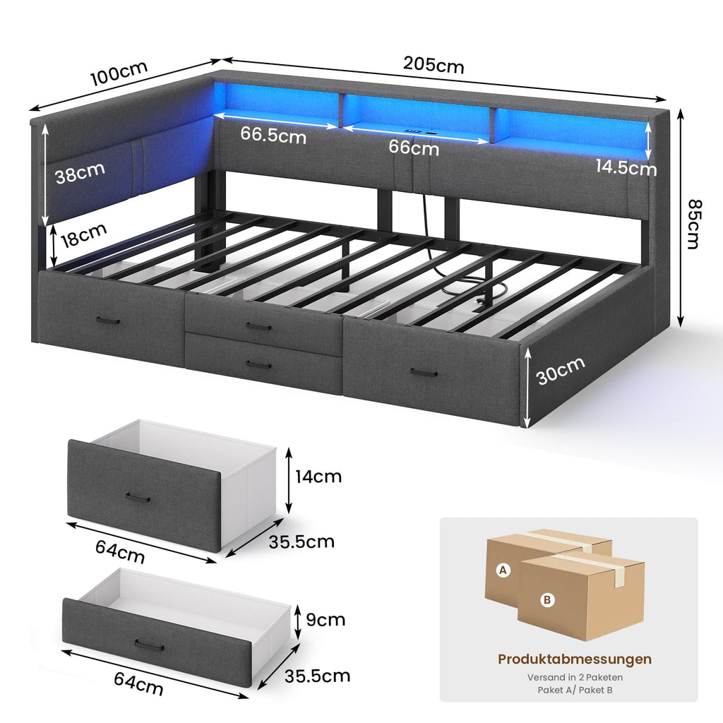 Polsterbett 90x200 cm mit LED-Beleuchtung USB-Ladestationen Stauraum und 4 Schubladen Dunkelgrau