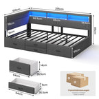 Polsterbett 90x200 cm mit LED-Beleuchtung USB-Ladestationen Stauraum und 4 Schubladen Dunkelgrau