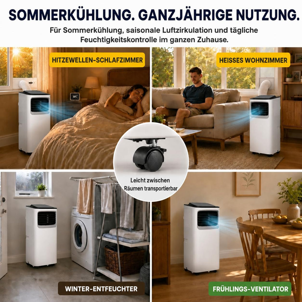 Mobile Klimaanlage 9000 BTU mit Luftentfeuchter und Ventilator, 3-in-1 Klimagerät für Räume bis 20 m², mit Abluftschlauch, Schiebefenster-Adapter