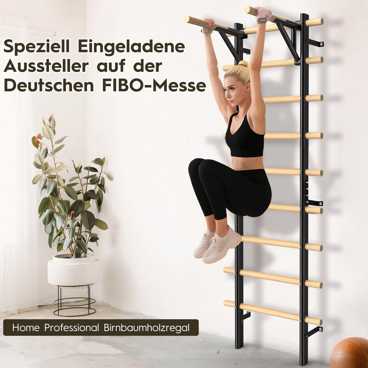 Sprossenwand mit Klimmzugstange und Dip-Barren aus Buchenholz, 220 cm, höhenverstellbar
