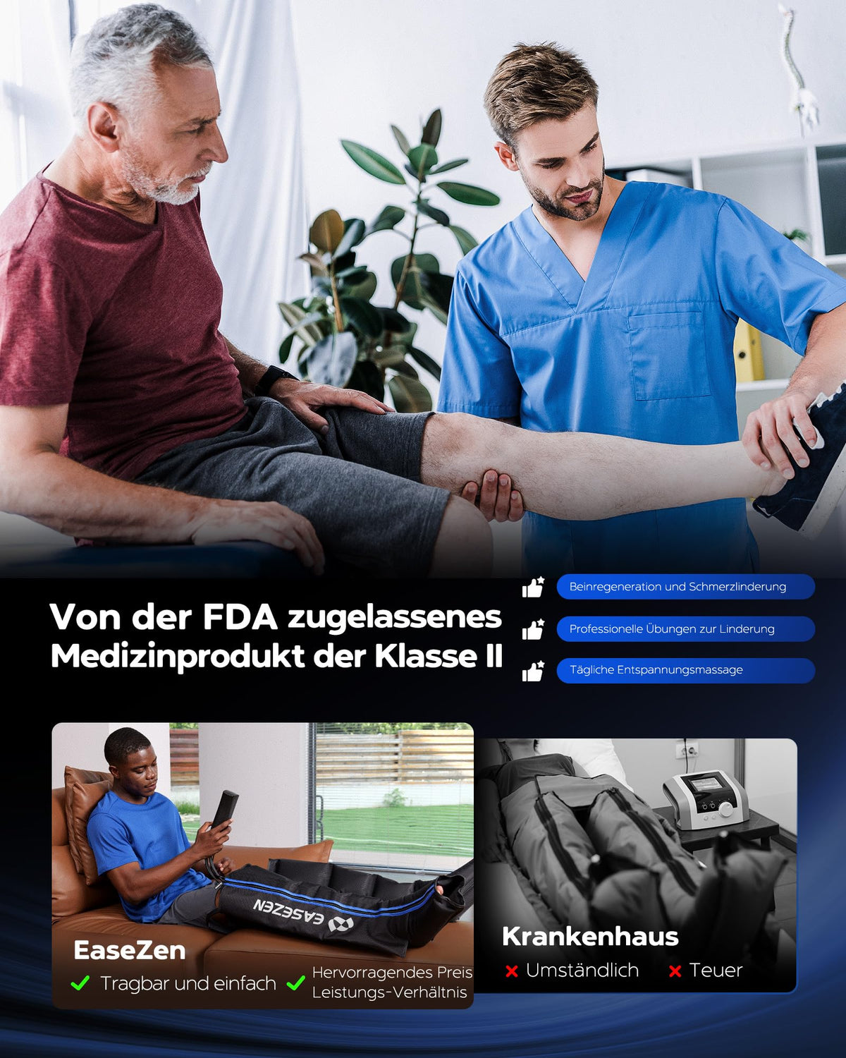 Luftkompressions-Beinmassagegerät Größe M für Fuß Wade Oberschenkel mit 6 Modi und 11 Intensitäten