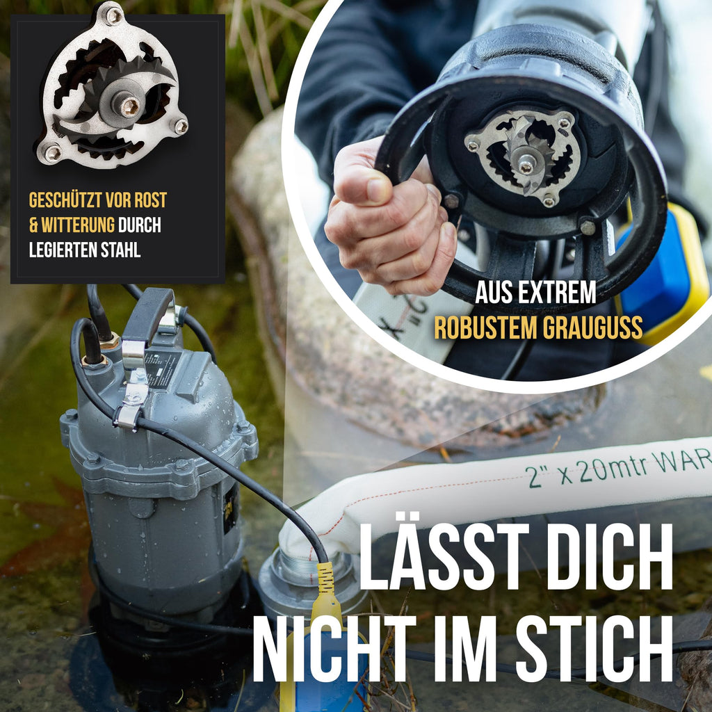 Fäkalienpumpe 1500W mit HydroVortex X7 Schneidwerk und 20 m 2"""" Gewebeschlauch, inkl. Tragetasche