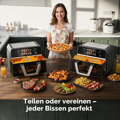 10-in-1 Heißluftfritteuse 10 L mit Dual-Zone, 2500 W, 360° Kochfenster, Farb-Touchscreen, spülmaschinenfeste Teile