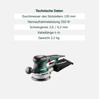 Exzenterschleifer SXE 450 TurboTec mit Duo-Schwingkreisverstellung und Vario-Elektronik, 350 W, 4 m Kabel