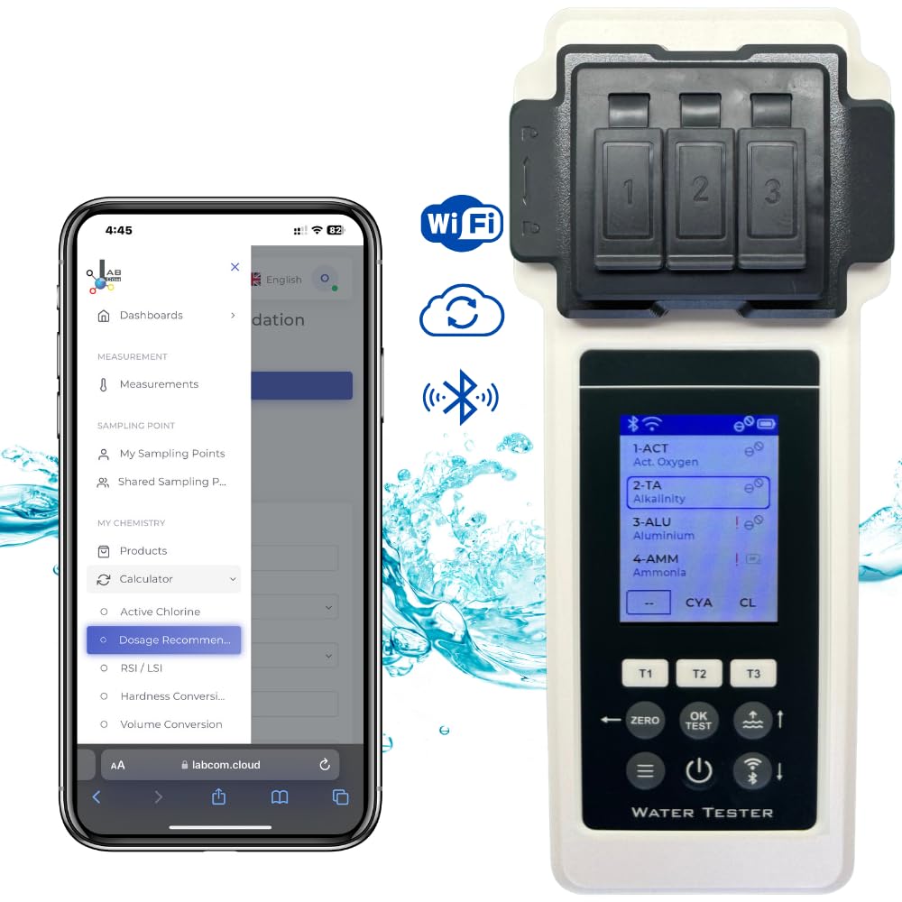 PoolLab 2.0 Wasseranalyse-Set mit Aufbewahrungskoffer und Wasserstandsausgleicher, 27 Parameter, WiFi und Bluetooth