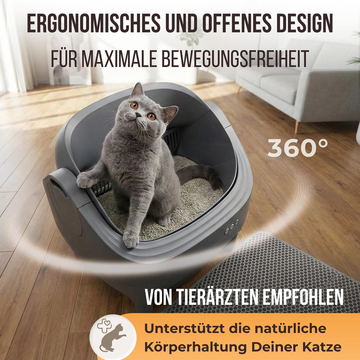 Selbstreinigendes Katzenklo XXL mit 15-Liter-Behälter und App-Steuerung, offenes elektrisches Katzenklo für Mehrkatzen-Haushalte