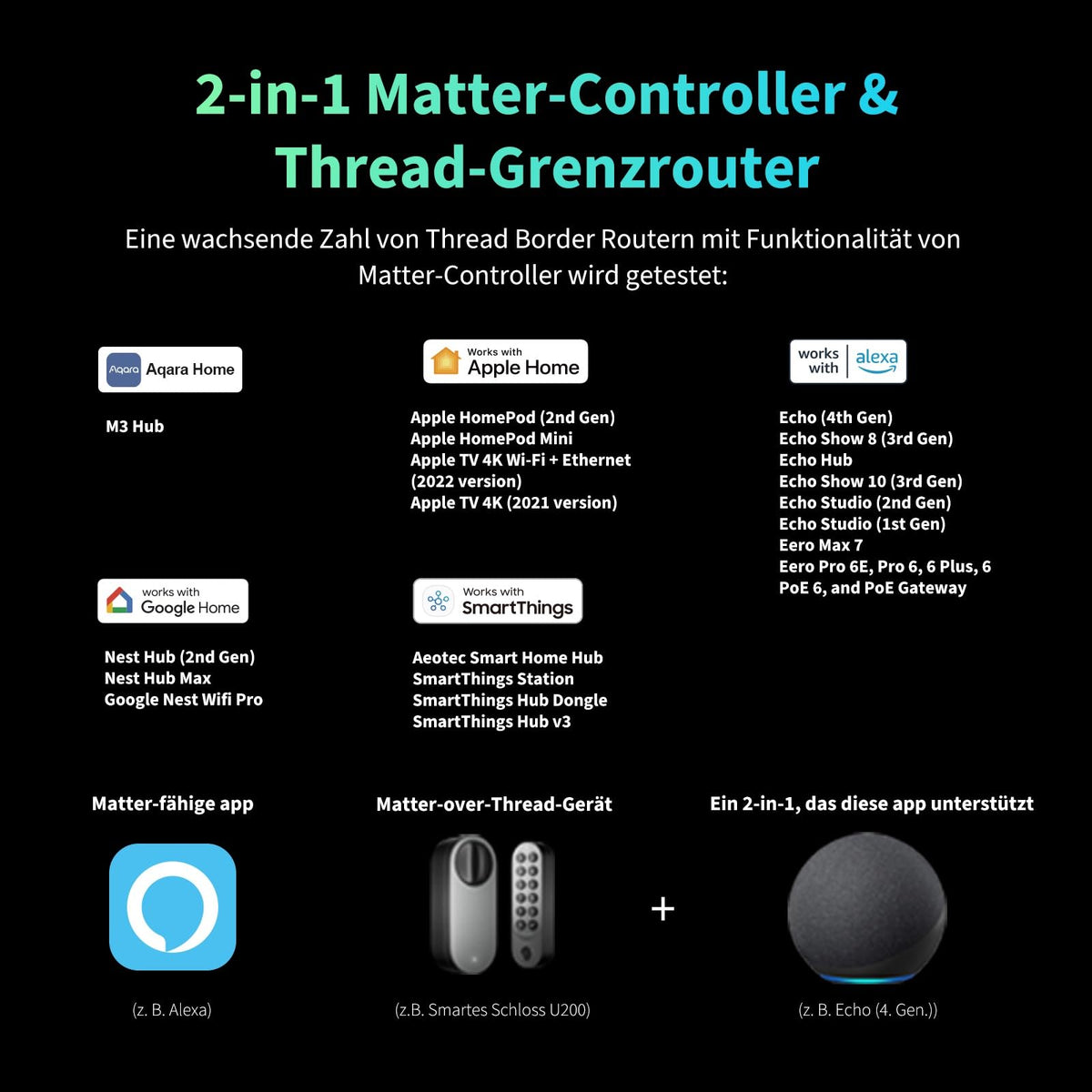 Smart Türschloss U200 Apple Home Key Matter over Thread Fingerabdruck 25 Passwörter NFC Auto-Lock Bluetooth WLAN Schwarz