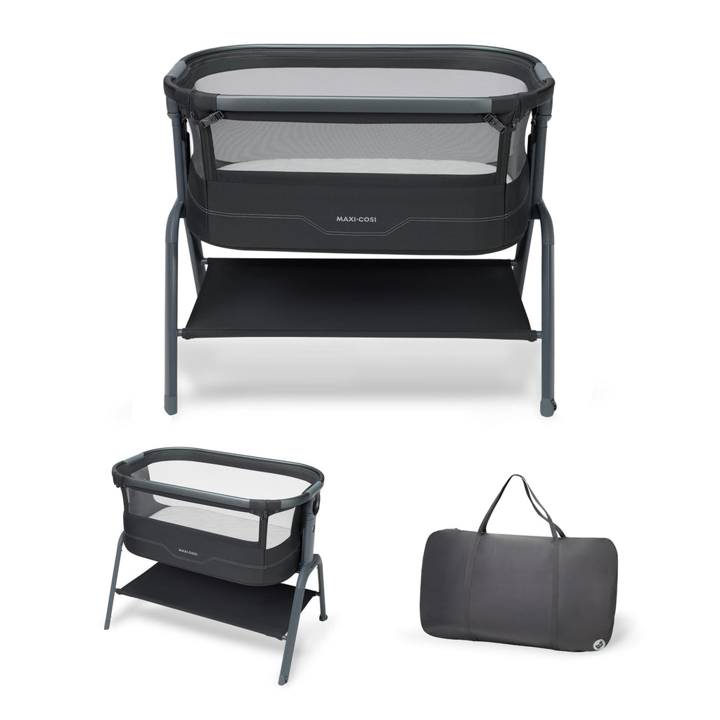 Baby Beistellbett Iora² von 0-6 Monaten mit CloudCore-Matratze, 5 Höhenstufen und Easy Slide, klappbar mit Rollen und Tragetasche, Elegance Graphite