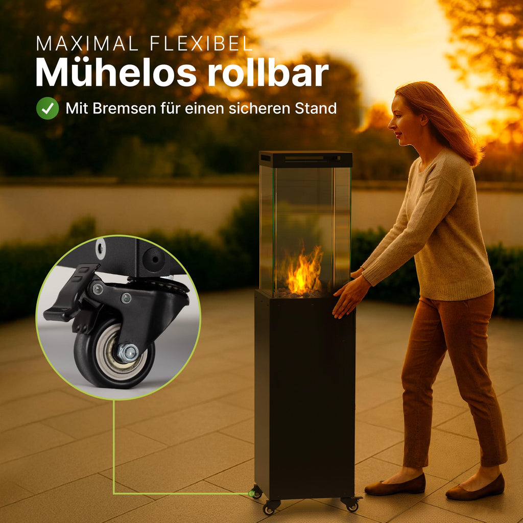 Gas-Terrassenheizer mit Glaszylinder, 8 kW Heizpilz für Terrasse und Garten mit Kippschutz, Flammensensor und Abdeckung, 36 × 36 × 140,5 cm
