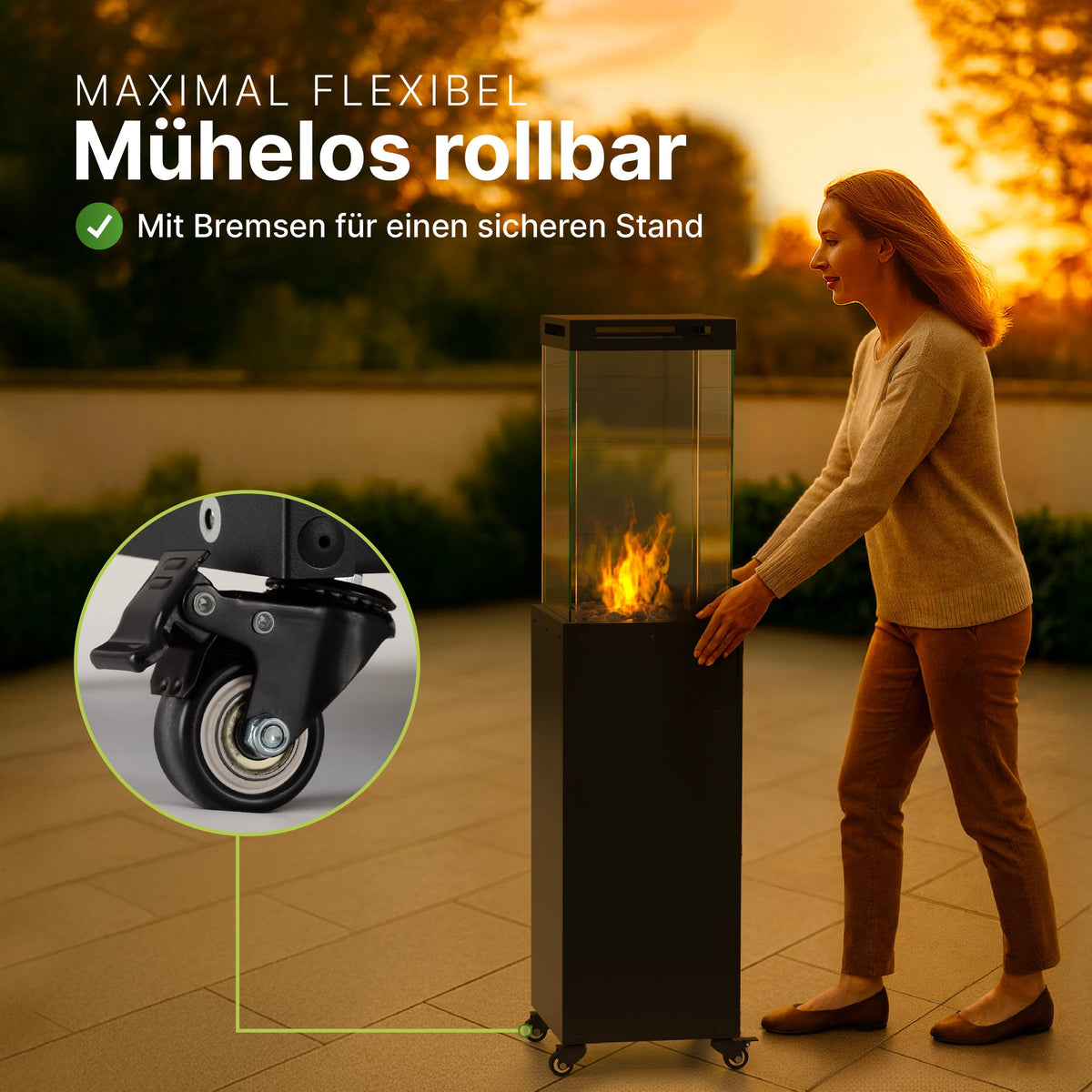 Gas-Terrassenheizer mit Glaszylinder, 8 kW Heizpilz für Terrasse und Garten mit Kippschutz, Flammensensor und Abdeckung, 36 × 36 × 140,5 cm