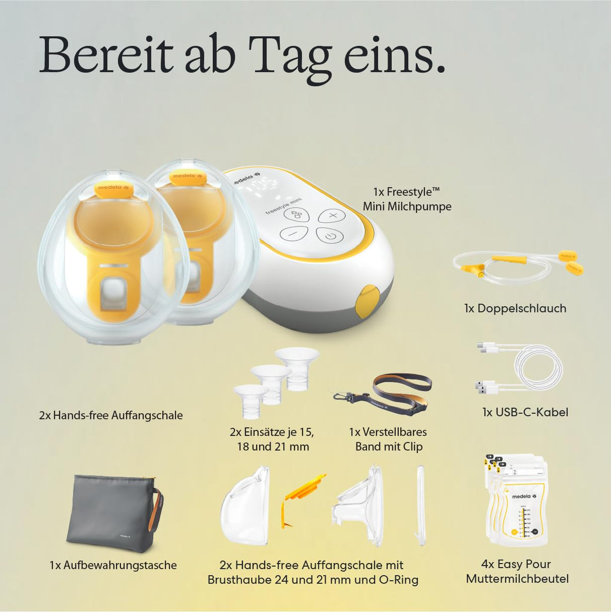 Tragbare elektrische Doppelmilchpumpe Freestyle Mini Hands-Free mit Auffangschalen und wiederaufladbarem Akku