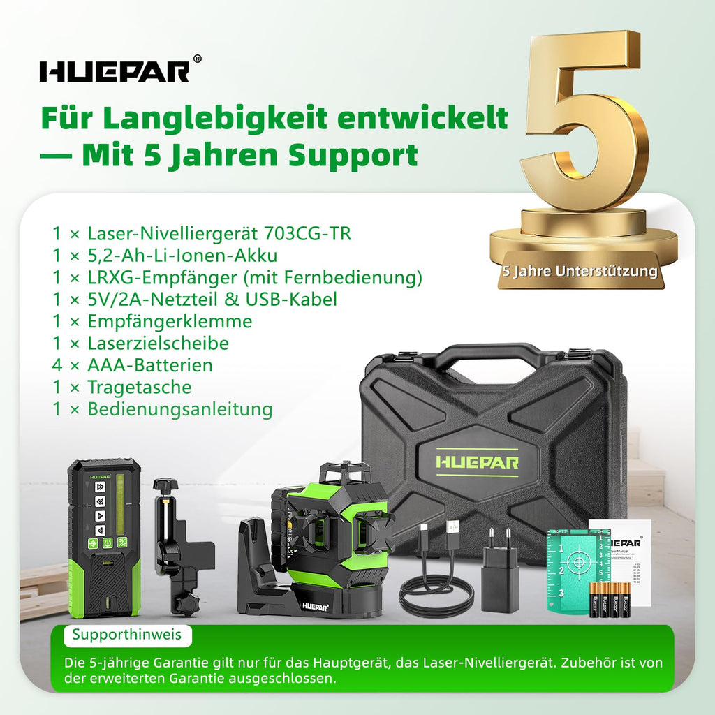 Kreuzlinienlaser 360 Grad mit motorischer Basis, Fernbedienungsempfänger und 5200-mAh-Akku