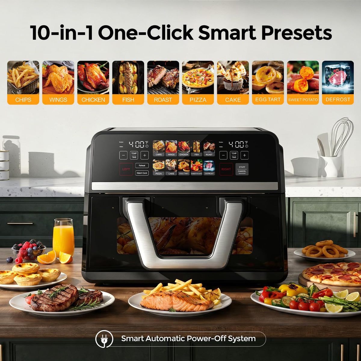 10-in-1 Heißluftfritteuse 10 L mit Dual-Zone, 2500 W, 360° Kochfenster, Farb-Touchscreen, spülmaschinenfeste Teile
