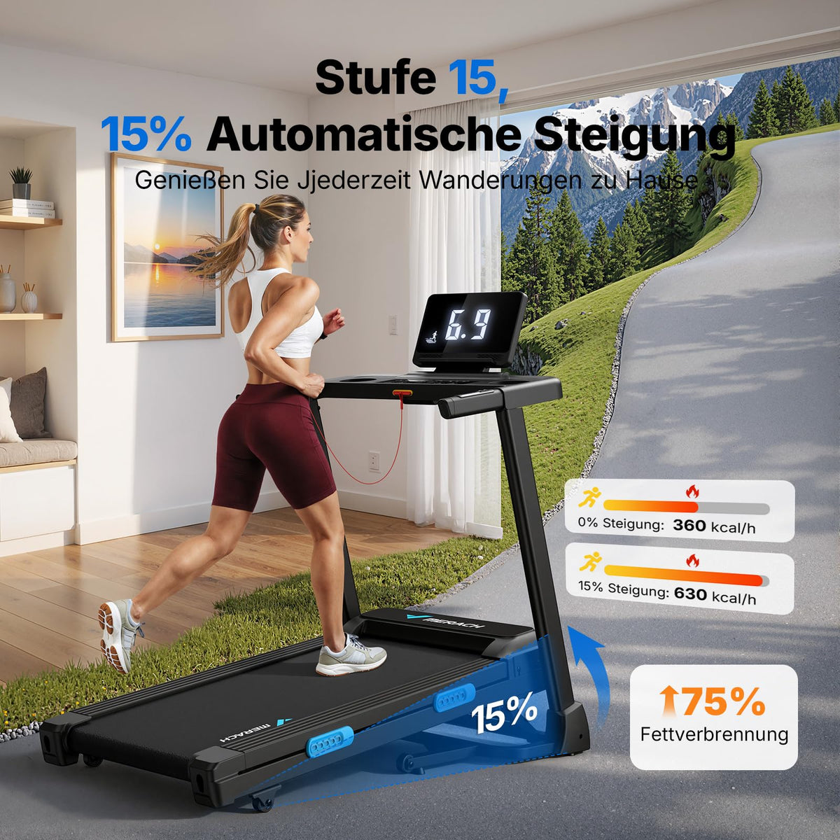 Laufband für Zuhause mit 15% automatischer Steigung, 2,5 PS Motor und 108x42 cm Lauffläche, klappbar
