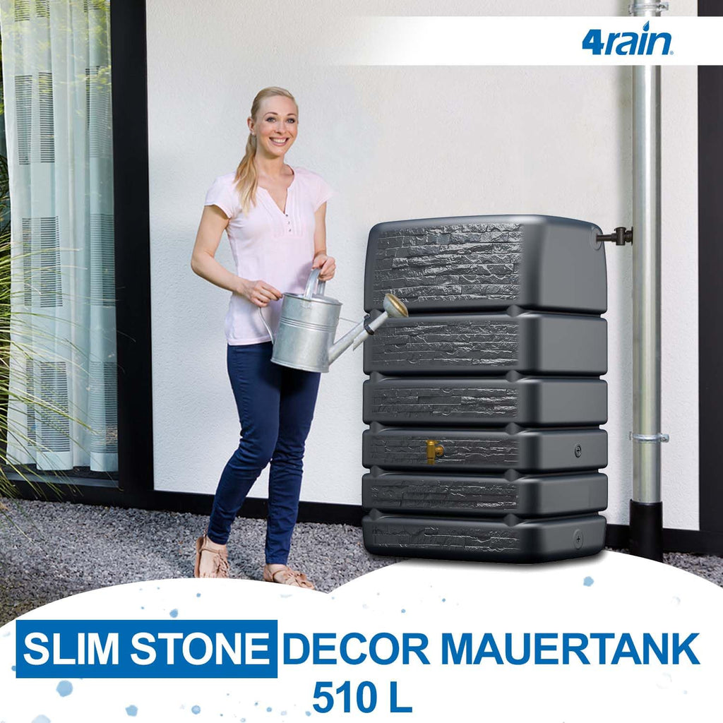 Regentonne Wandtank 510 Liter in Anthrazit mit Steindekor-Front, 80 x 60 x 123 cm, inkl. Auslaufhahn