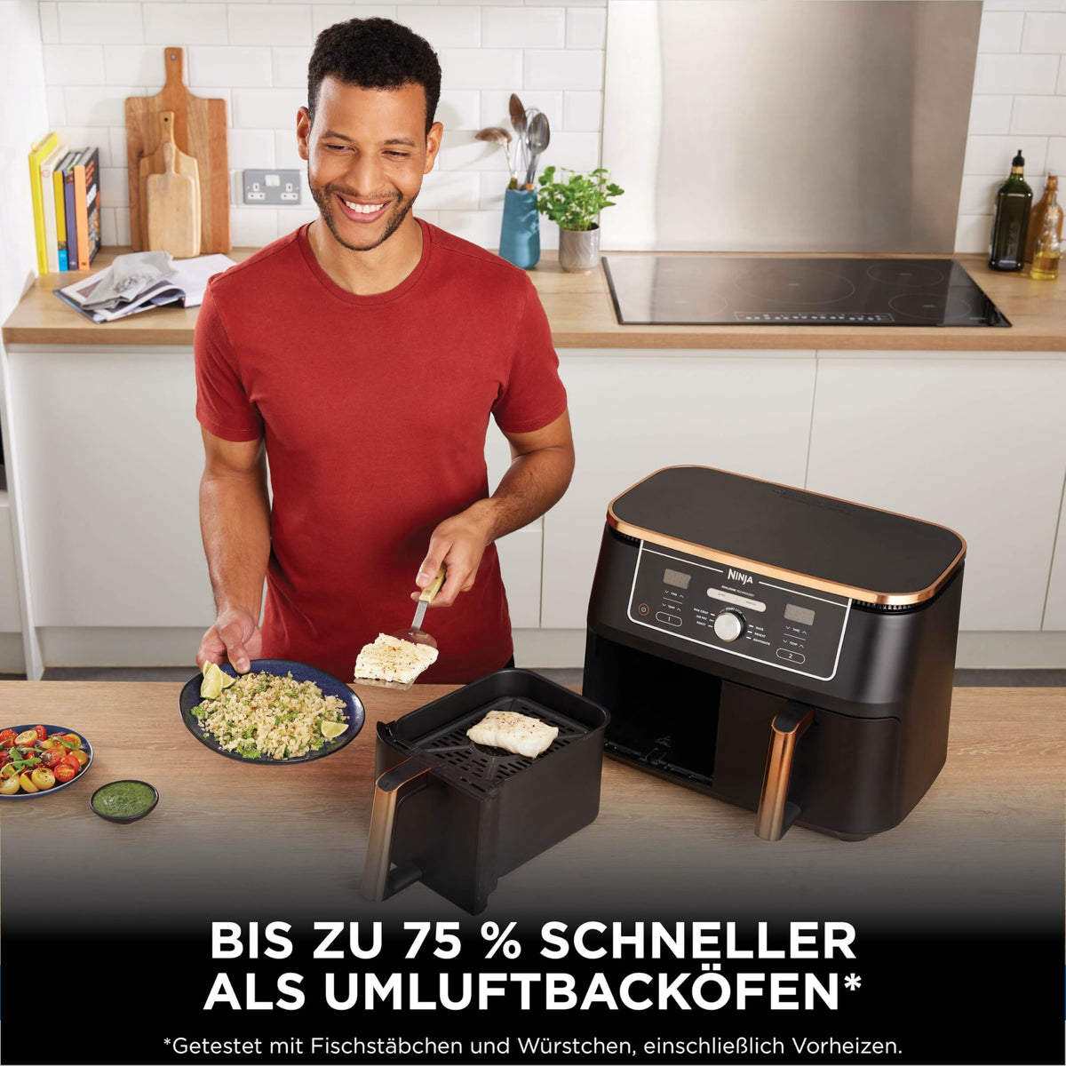 Heißluftfritteuse 9,5 L mit 2 Fächern und 6-in-1-Funktionen Dual Zone Airfryer mit Silikonzange Antihaftbeschichtung