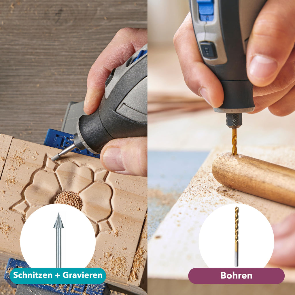 Akku-Multitool 12V 2Ah mit 2 Akkus, 5 Aufsätzen und 65 Zubehören in Dremel Box zum Schneiden, Gravieren, Schleifen und Polieren