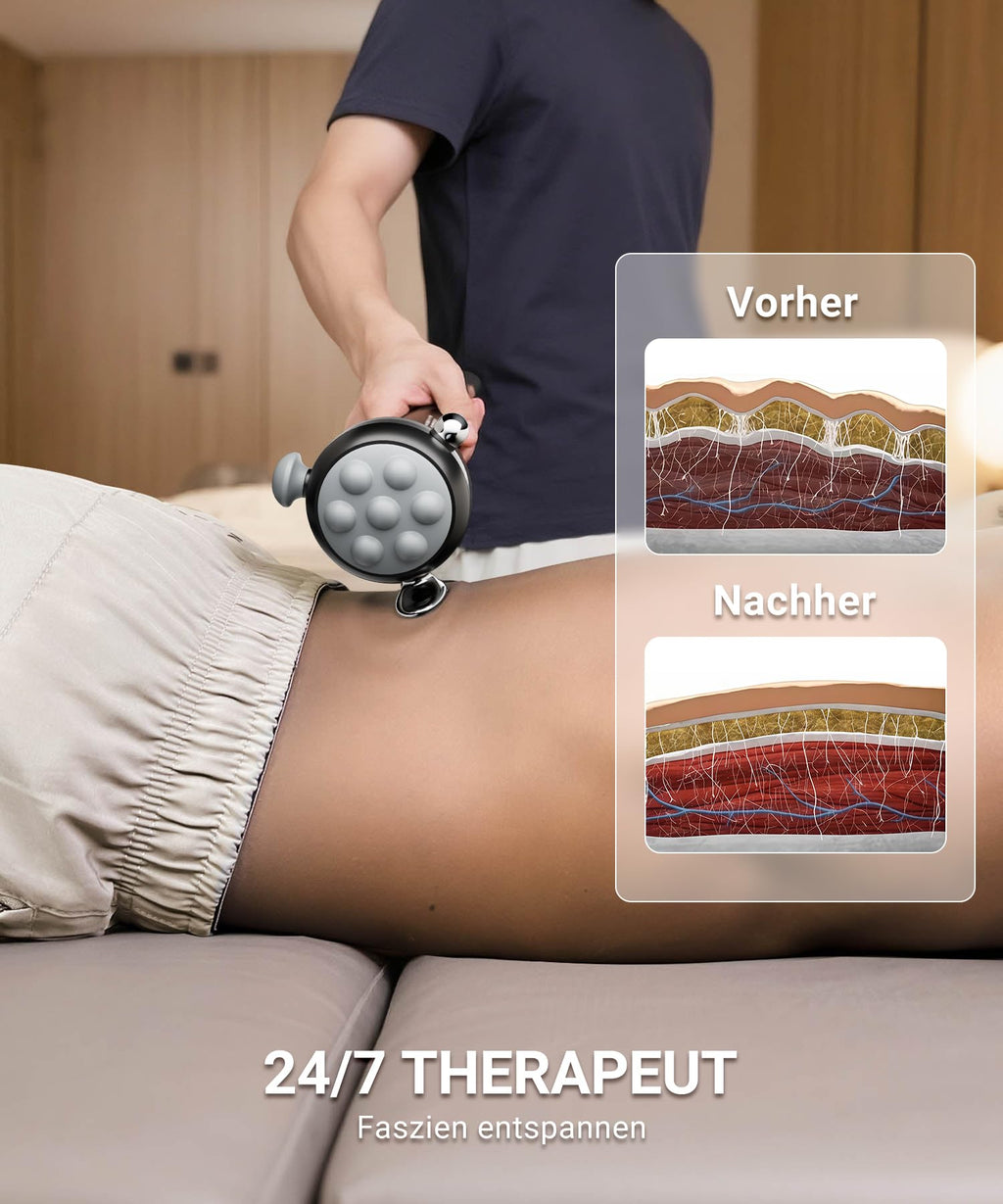 Massagepistole R1 Pro Max mit 360° Massagekopf, 5 Aufsätzen und 120 Hz Tiefengewebe-Vibration