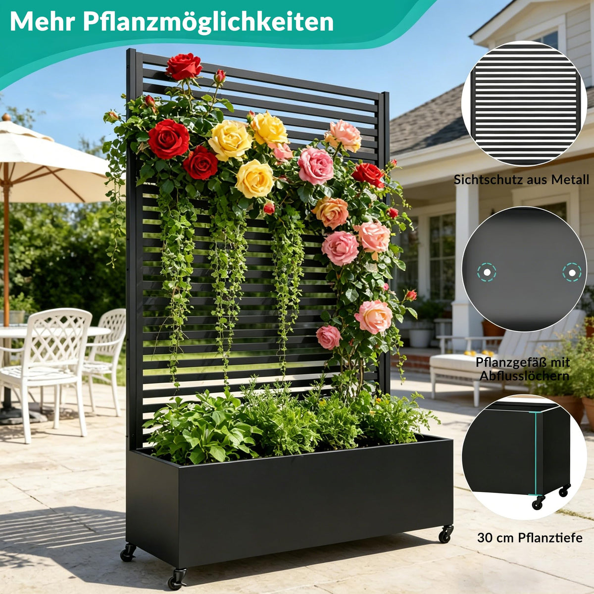 Hochbeet aus Metall mit Spalier und Rädern für Außenbereich, Pflanzkasten mit Entwässerungslöchern für Blumen und Gemüse