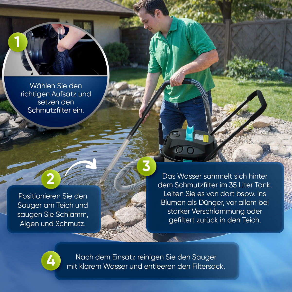 Teichsauger Schlammsauger 1200 Watt mit 35 Liter Behälter und Wasserrückführung inkl. Abpumppumpe und 3 Aufsätzen