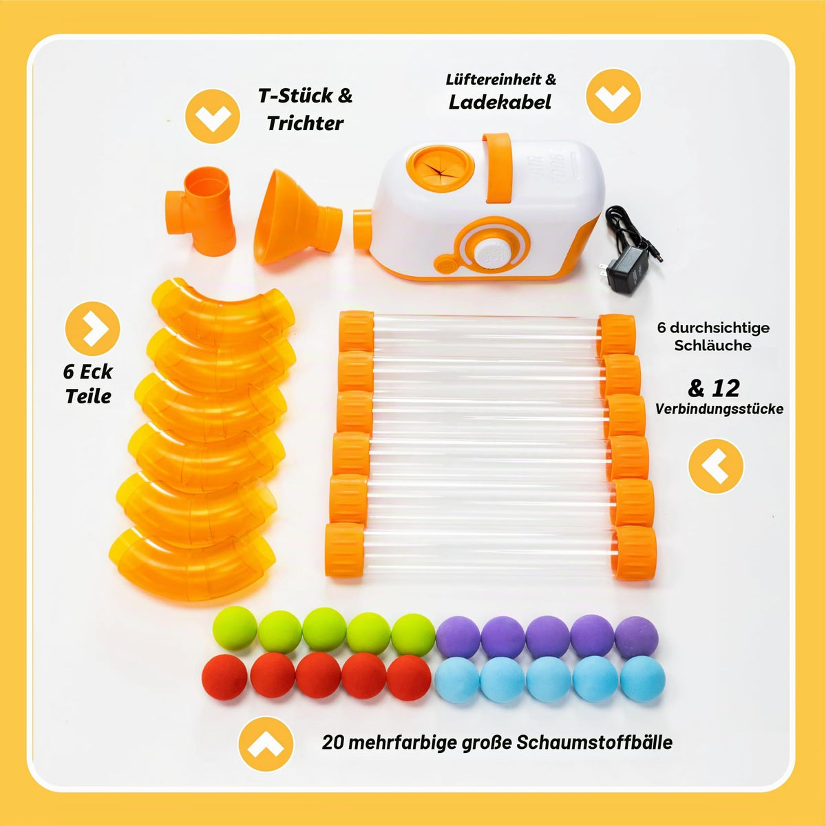 Luftbetriebenes STEM-Spielzeug mit Turbine und modularen Röhren für Kinder ab 3 Jahren, inklusive 20 Schaumstoffbälle