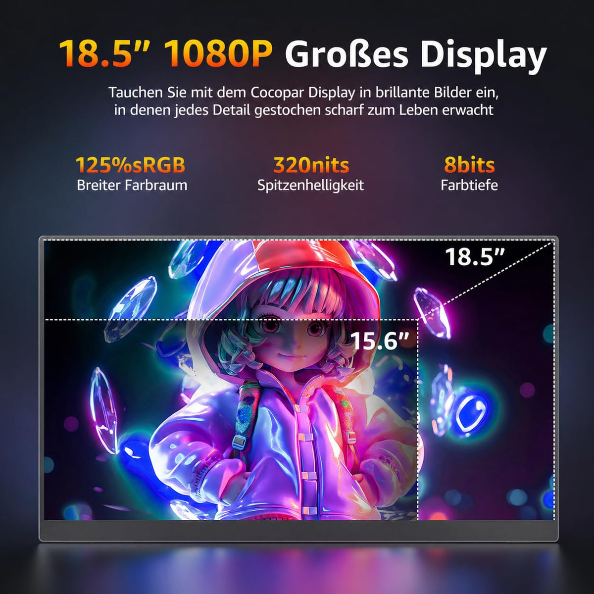 18,5 Zoll Tragbarer Monitor 1080P FHD IPS mit 100 Hz, 120 % sRGB, Lautsprechern, HDMI und USB-C für Laptop, MacBook, Surface, PC, Xbox, PS4/5