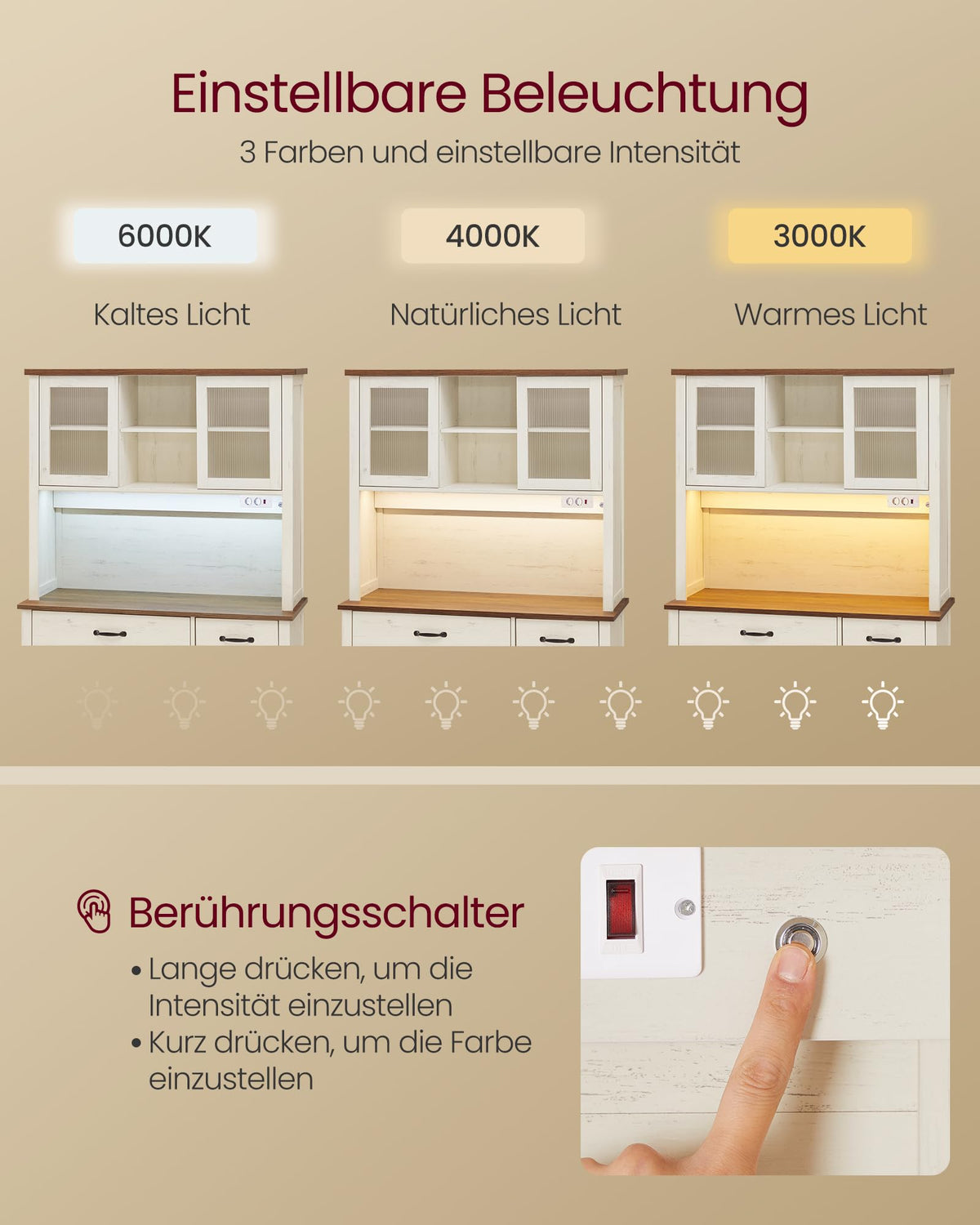 Sideboard mit Beleuchtung und Ladestation, Küchenschrank mit 6 offenen Fächern, 2 Schubladen und Schiebetüren, 106,5 cm breit
