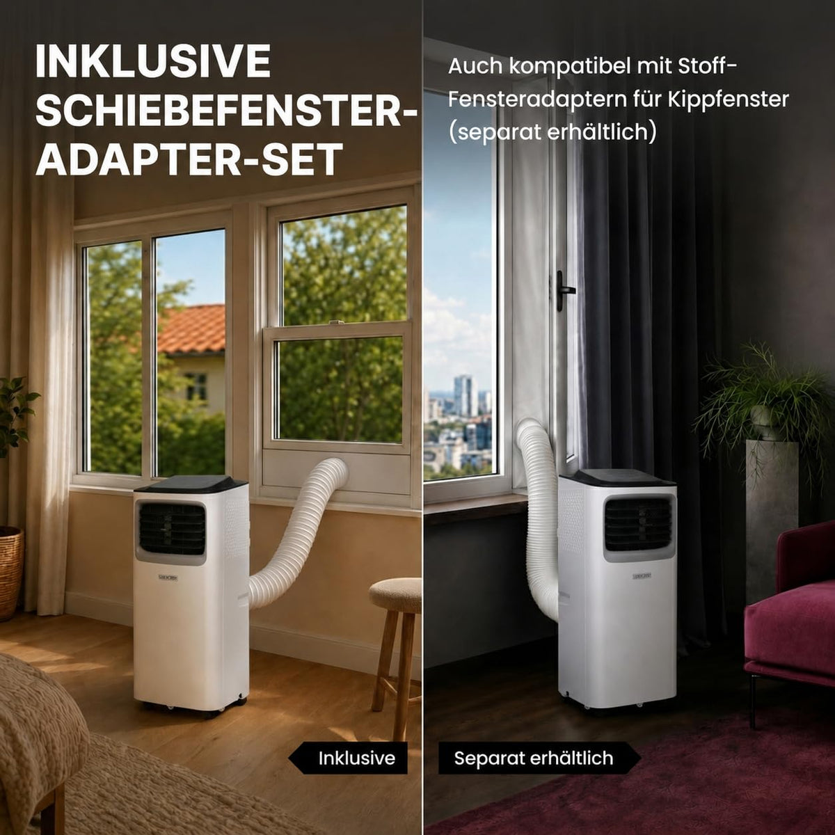 Mobile Klimaanlage 9000 BTU mit Luftentfeuchter und Ventilator, 3-in-1 Klimagerät für Räume bis 20 m², mit Abluftschlauch, Schiebefenster-Adapter